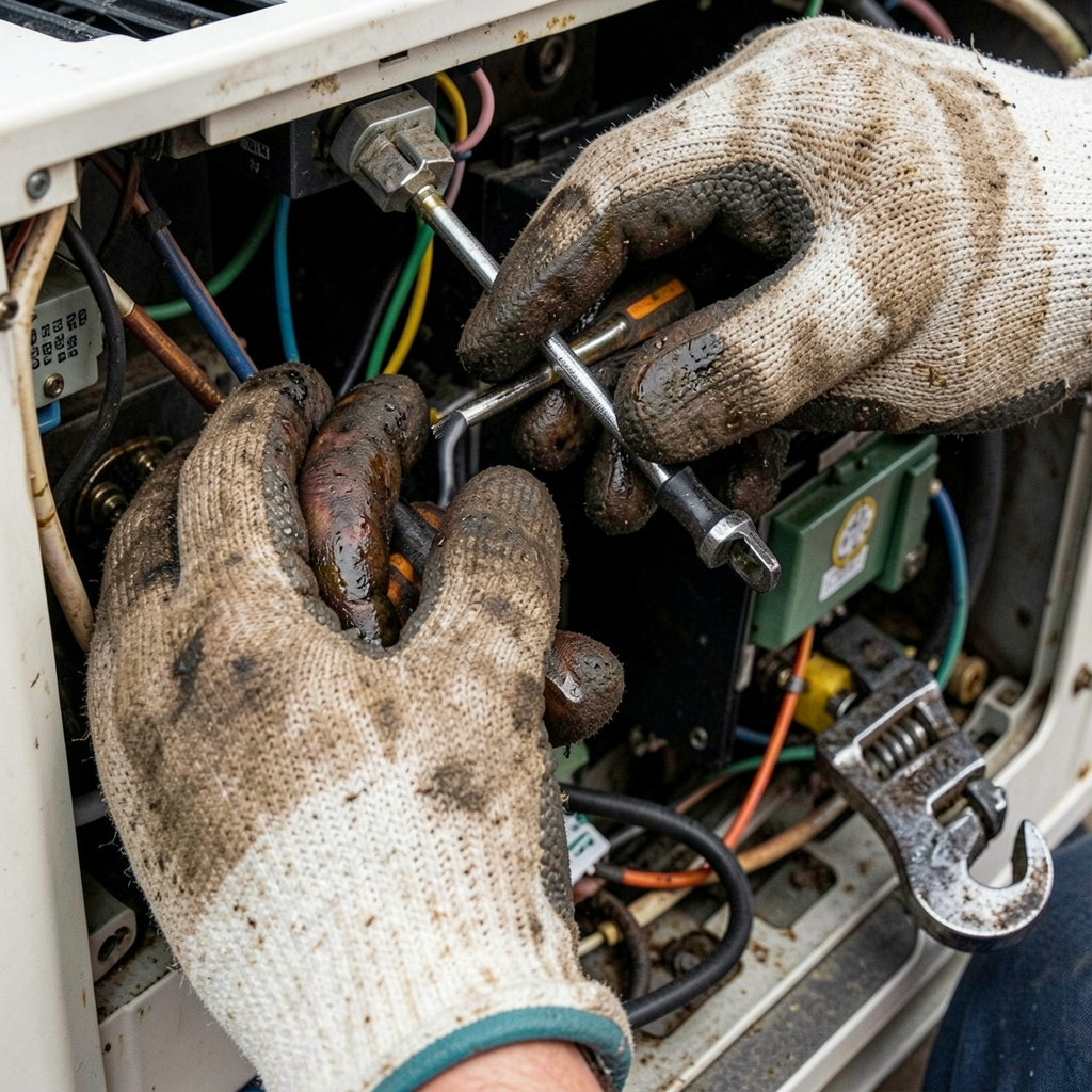 drain-cleaning freepik closeup of gloved hands fixing open ac unit visible wires and components screwdriver and wrench oilstained fingers 0005