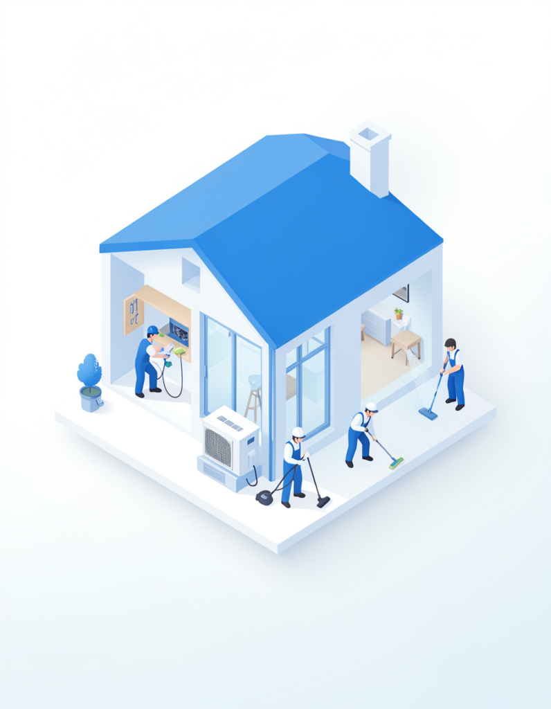 Home freepik create a premium professional isometric illustration for a home services brand. show a modern house in a clean isometric 3d view. around and inside the house subtly depict different home 0001