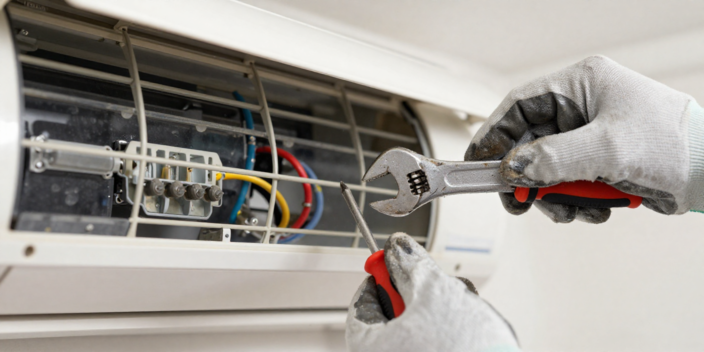 Home freepik macro shot of hands in work gloves repairing air conditioner wrench and screwdriver engaged open unit wiring and components dust and oil 0001