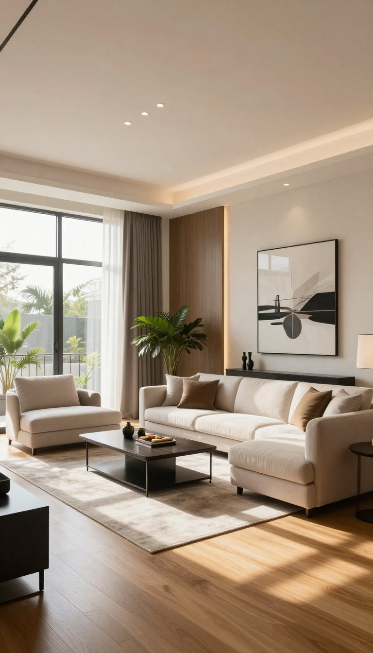 Home freepik wideangle modern living room elegant sofa warm wooden flooring large sunlit windows indoor plants minimal decor luxury wall art 0002