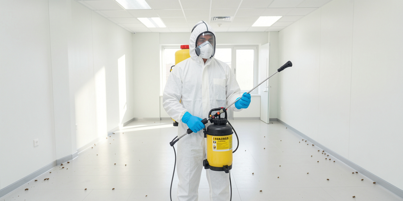 Home freepik wideangle view of a pest control technician wearing protective suit mask gloves holding spray machine bright hygienic interior minimal pests visible 0005