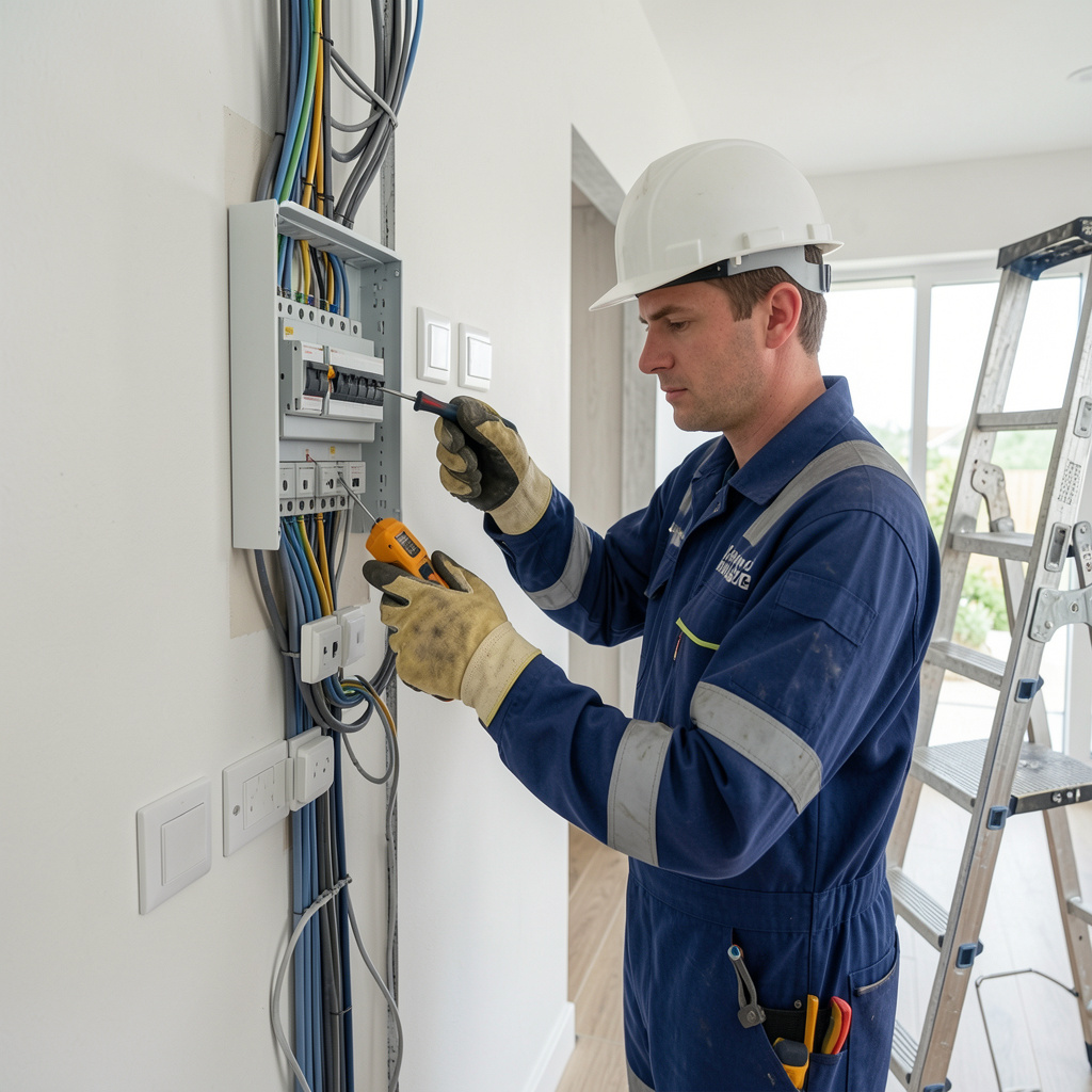 Home freepik wideangle view of a professional electrician working inside a modern home installing electrical wiring and switches fixing switchboard using tools like screwdriver and tester wearing safe 0006