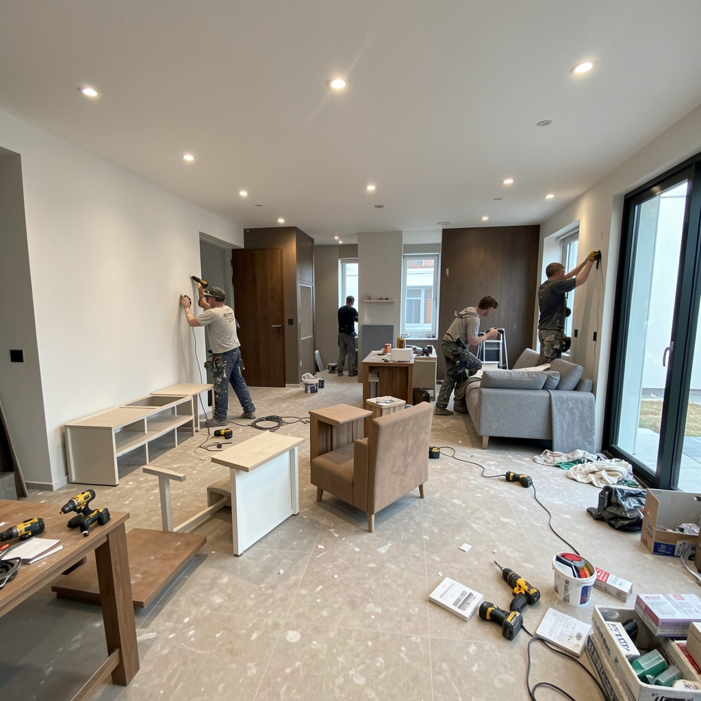 commercial-plumbing freepik wideangle view of modern interior renovation painters installing lights and fixing furniture drills and construction materials visible slightly messy 0007